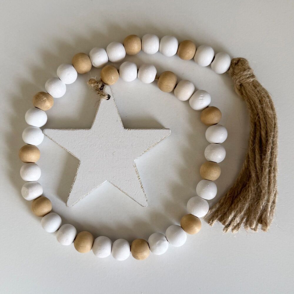 Wooden Bead Garland with Tassel & White Star Home Decor